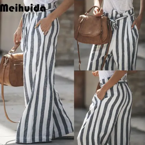 Женские офисные свободные Стрейчевые брюки с высокой талией и широкими