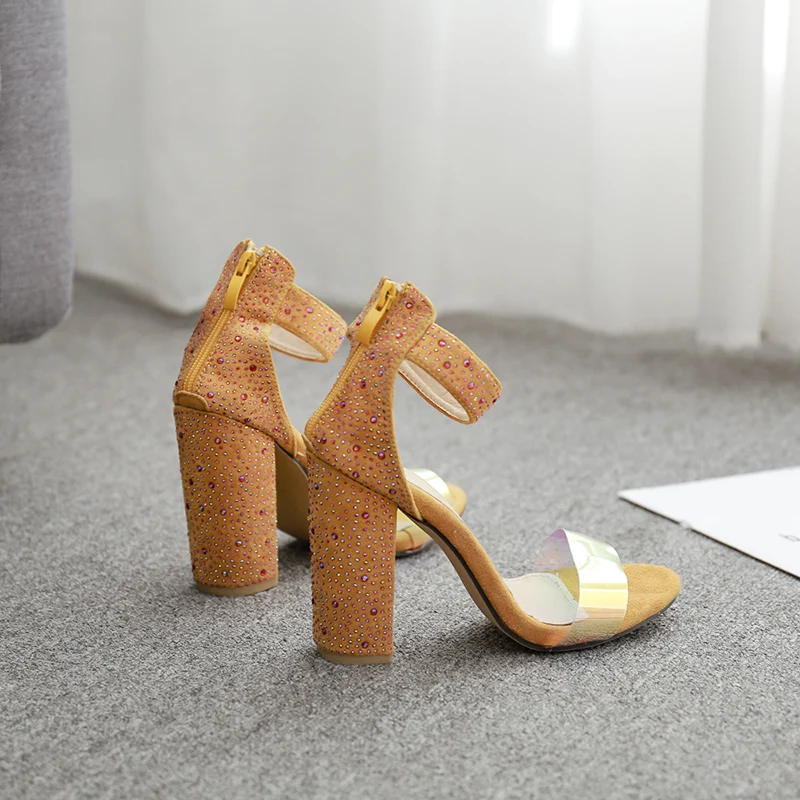 

Sexy Rhinestones Illusion Transparent Women's Sandals 2020 New Color Matching Thick Heels NIUFUNI High Heels Zipper Shoes