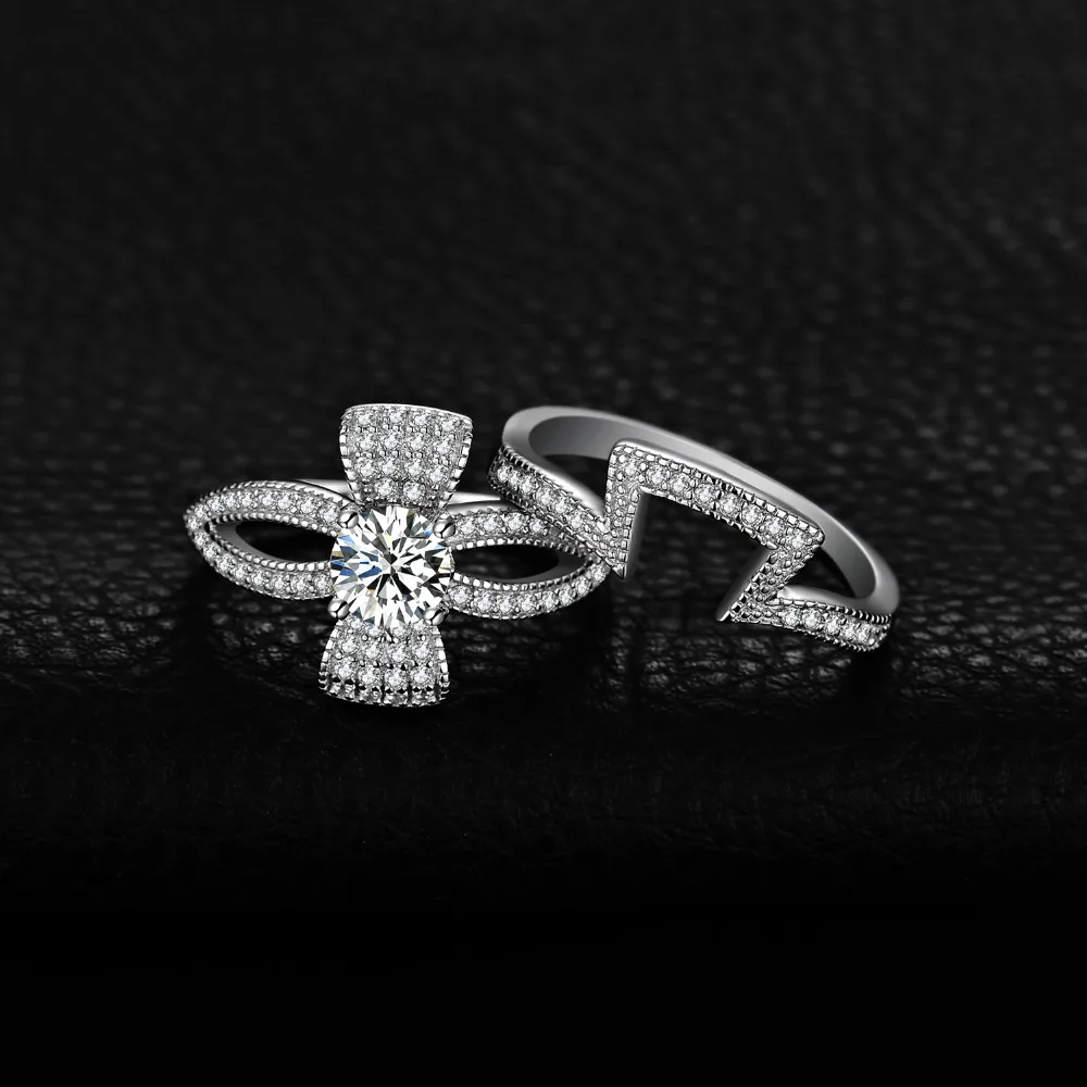 JewelryPalace круглый 1ct кубического циркония Флора с бантом из ленты; Разделение хвостовиком Обручение кольцо устанавливает 925 пробы Серебряные ювелирные изделия Модные