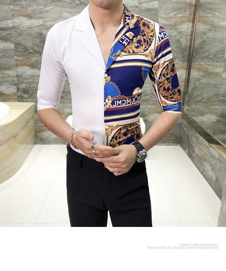 Летняя мужская Лоскутная Модная рубашка с принтом Мужская с коротким рукавом Тонкая Клубная рубашка для выпускного вечера Amisa Masculina ночная рубашка