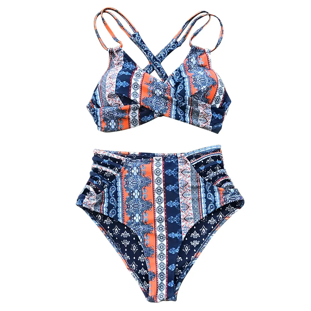 SEASELFIE, Boho, с принтом, Крест Спереди, бикини, наборы,, для женщин, сексуальные, на шнуровке, с высокой талией, с ремешками, два предмета, купальники