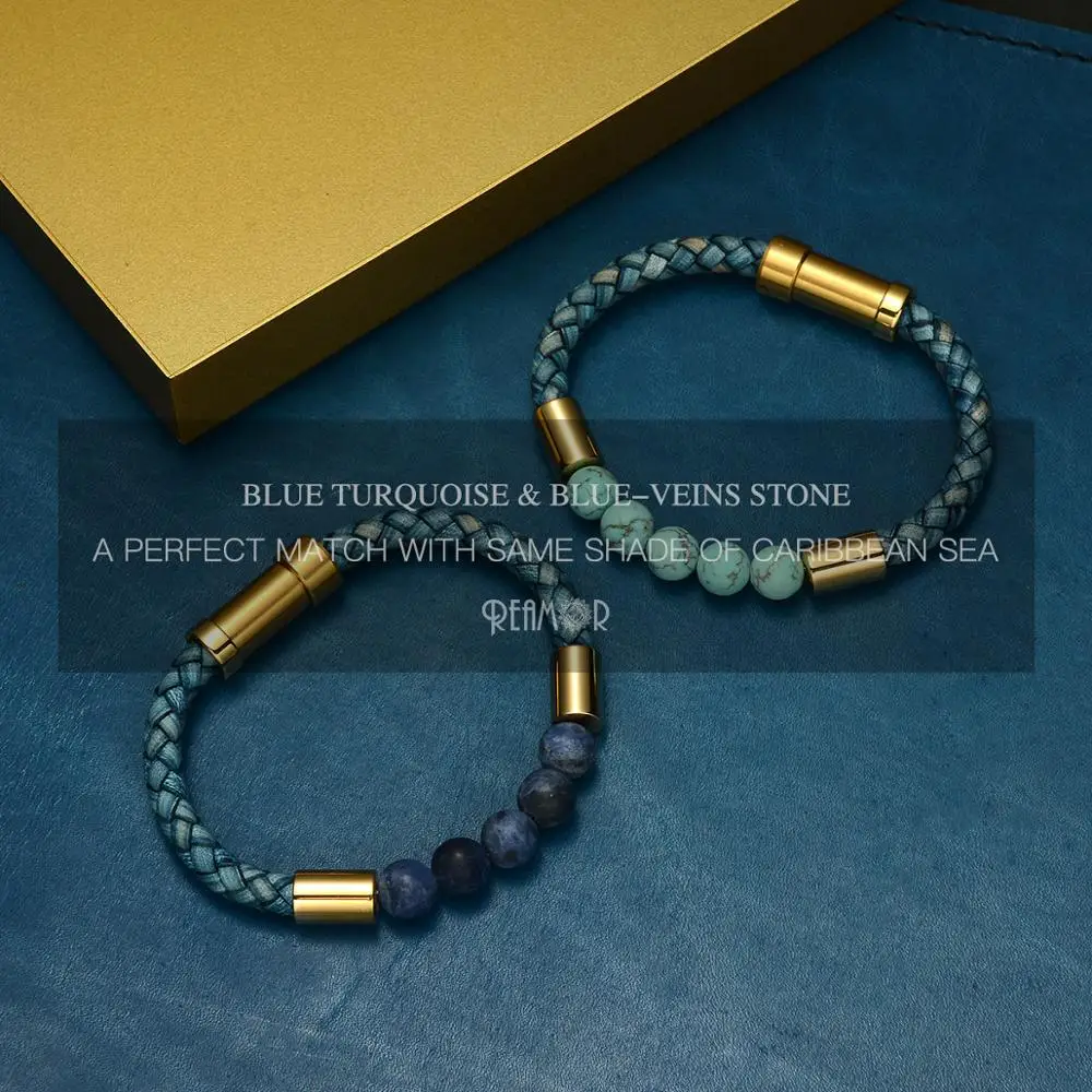 Мужской браслет REAMOR плетеный из натуральной кожи в стиле ретро с синими