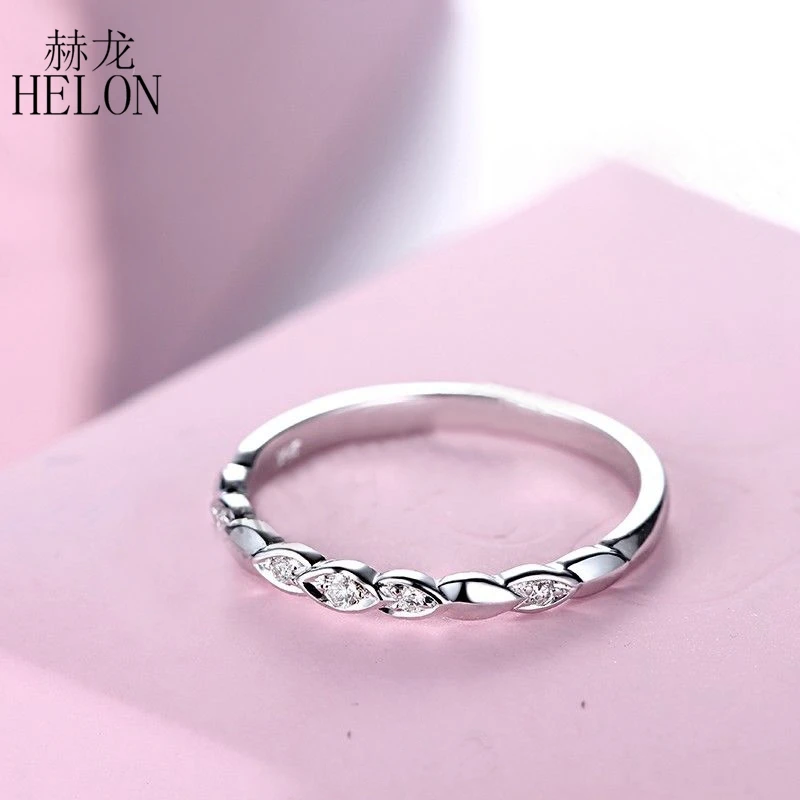 

HELON Solid 10K White Gold Pave Genuine Natural 0.1CT Diamonds Ring Women Engagement Wedding Unique Vantage Trendy Jewelry Ring