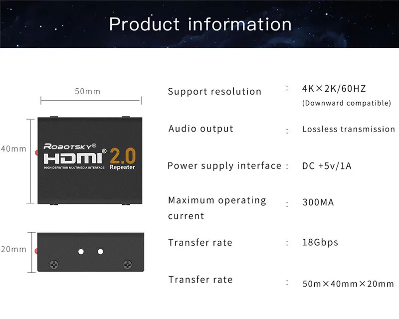 Robotsky 4 k x 2 k HDMI удлинитель HDMI 2,0 сигнала адаптер усилителя для PS4 комплект для DVD компьютерной приставки к телевизору проектор