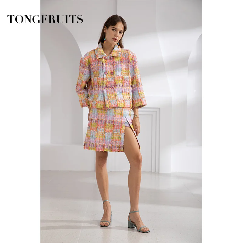 Женский 2 шт./компл. осенний Новый темпераментный клетчатый двубортный костюм с