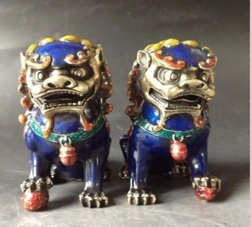 

Китайская Медь Бронза Cloisonne Gild FengShui Guardian злой фу Foo Собаки Львы пара