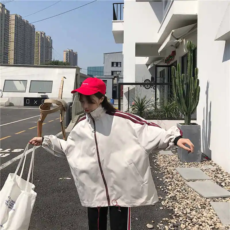 Женские куртки BF Harajuku, Женская куртка, Корейская версия, для студентов, свободные, для женщин, s, высокое качество, одежда в полоску, на молнии, с карманами, шикарная