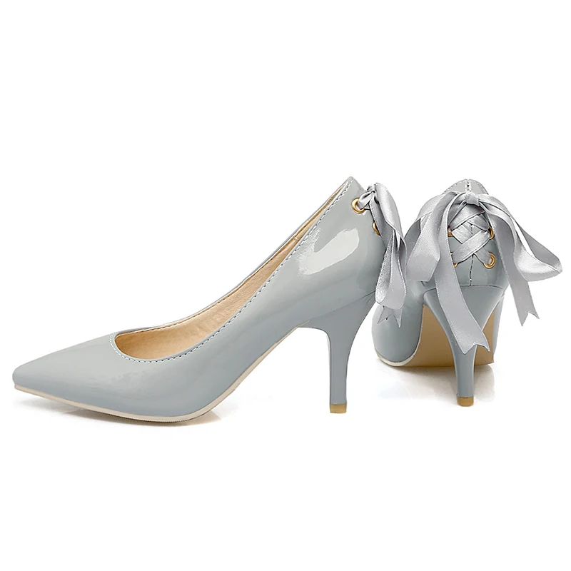 Phoentin cross tied stiletto shoes woman high heel point toe plus sizes 2019 women's pumps patent leather dress sexy FT250 | Обувь