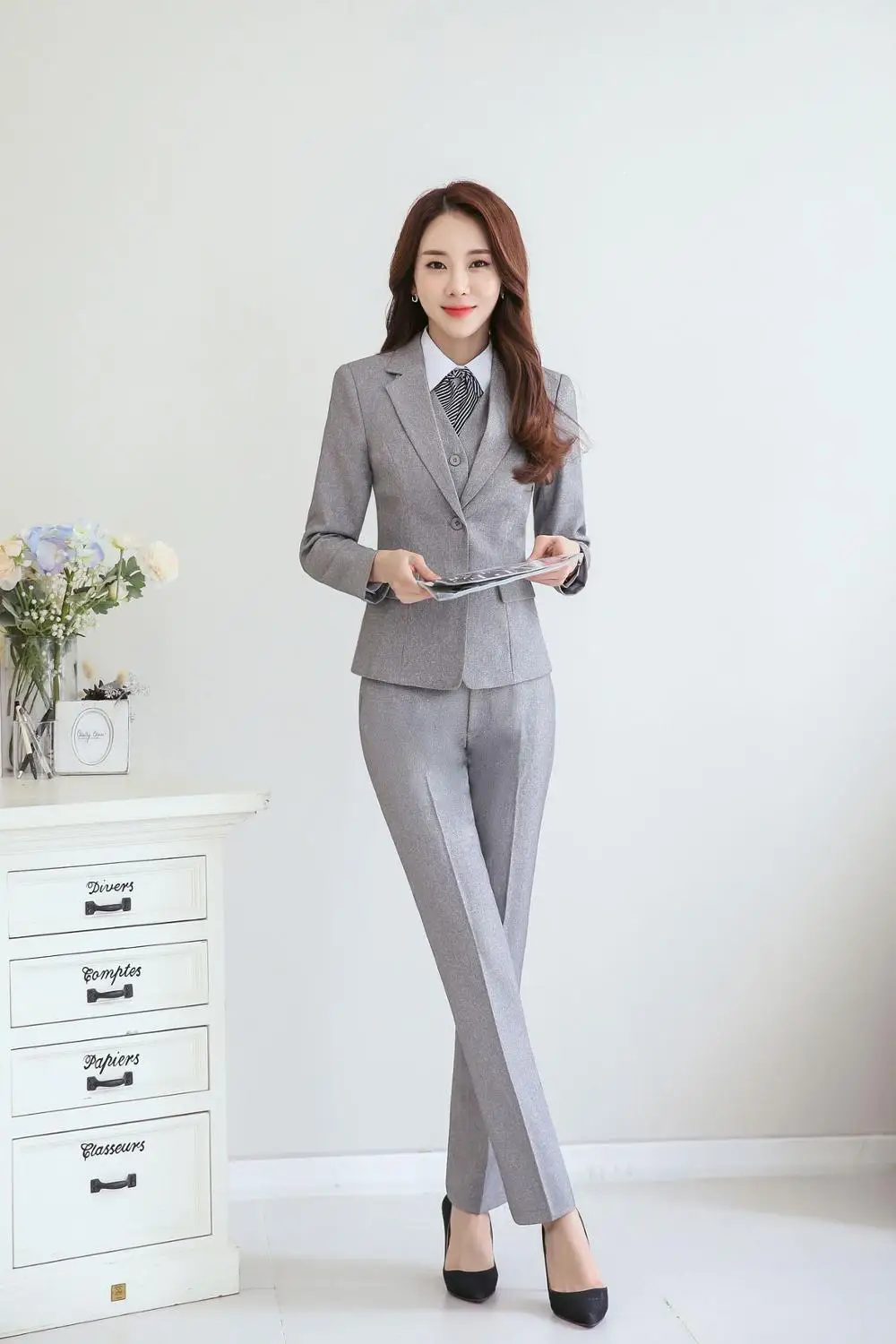 gray blazer and pant IZICFLY Красный формальный брючный комплект униформа дизайн для женщин костюмы с брюками офисные блейзеры Элегантный Бизнес Рабочая одежда размера плюс - Цвет: gray blazer and pant