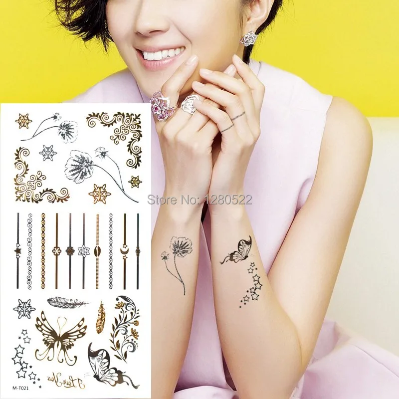 2 шт./лот золотые серебряные временные тату наклейки флэш бабочка звезда металлик