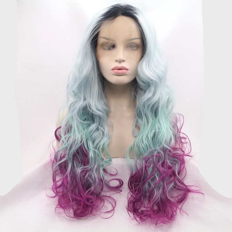 Кайли Дженнер черный синий фиолетовый объемная волна синтетический парик фронта