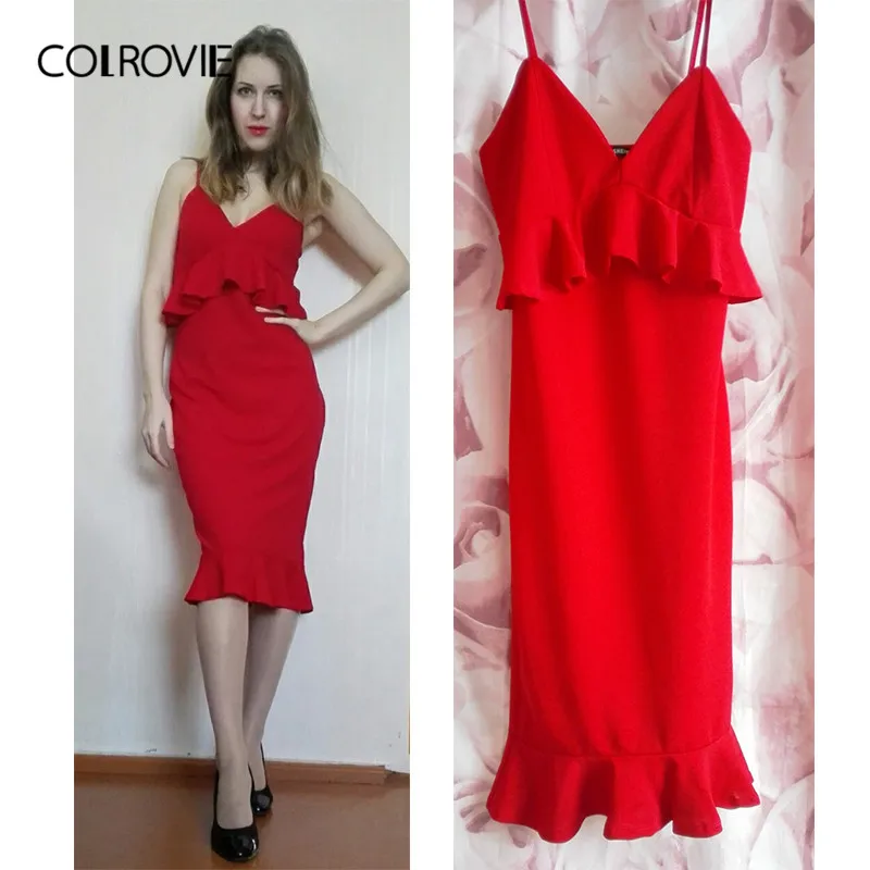 Женское платье комбинация COLROVIE красное на бретельках с треугольным вырезом и