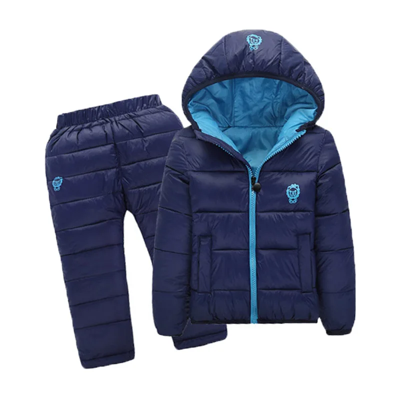 Dark Blue 2pcs Детские зимние комбинезоны; осенняя куртка; пуховые хлопковые пальто; куртки; комплект одежды для маленьких девочек и мальчиков; Верхняя одежда для детей; пальто и брюки - Цвет: Dark Blue 2pcs