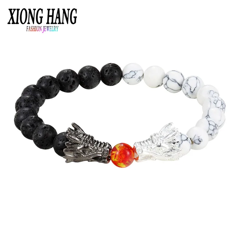black and silver XiongHang, Модный черный браслет из белого бисера, натуральный камень, черная лава, бусина, два дракона, играть в один шар, мужские и женские ювелирные изделия - Окраска металла: black and silver