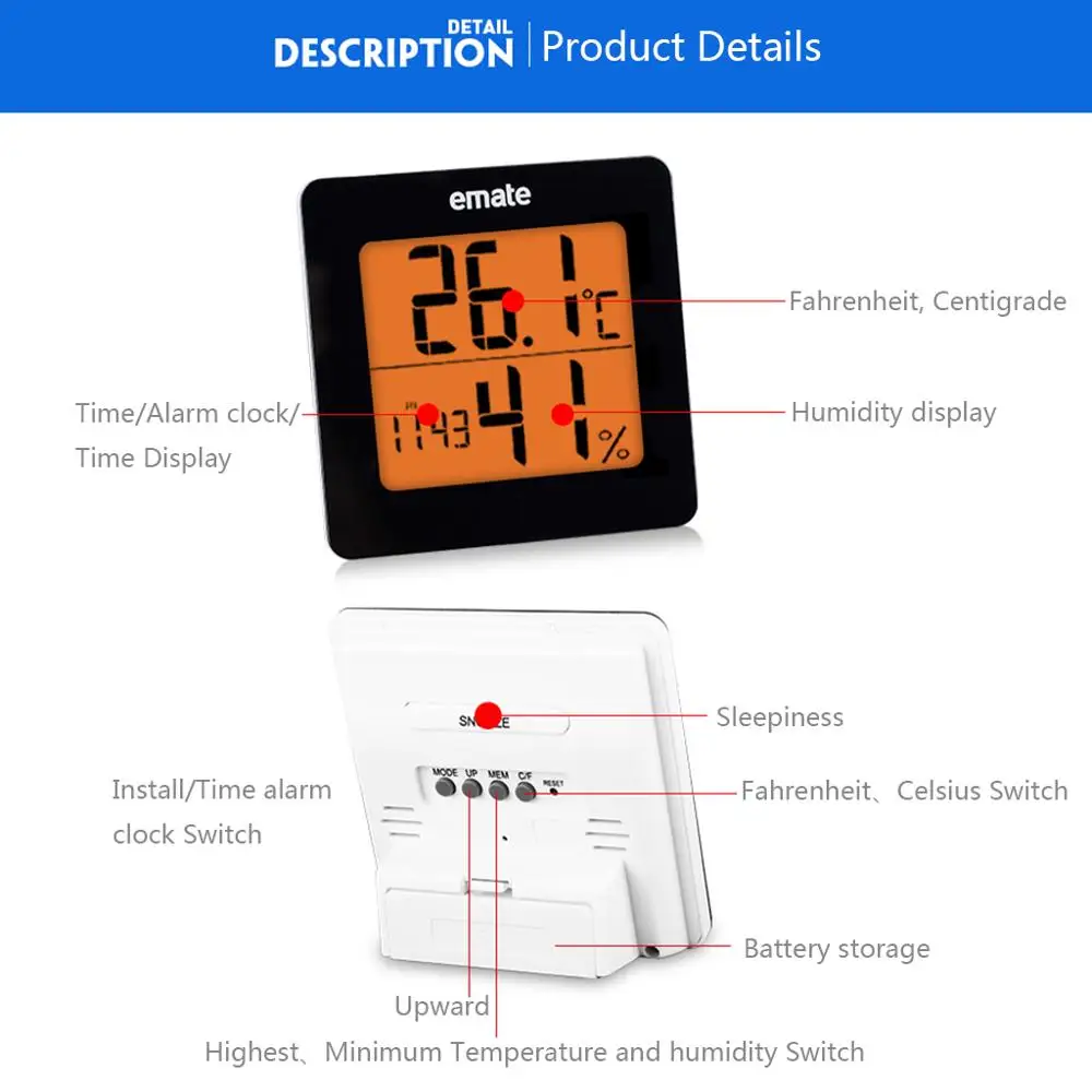 

Indoor Thermometer Hygrometer Digital LCD C/F Temperature Humidity Meter Alarm Clock