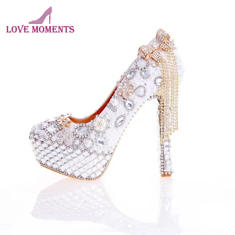 New Arrival Women High Heel Shoes White Pearl and Crystal Wedding Dress with Bow Tassel Rhinestone Prom Party Pumps | Обувь