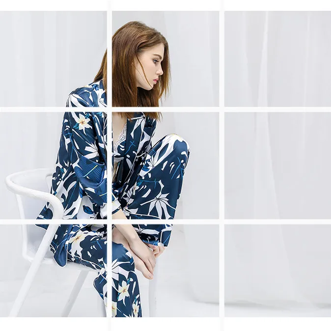 Новинка весны 2018 женская шелковая пижама костюм с длинными рукавами