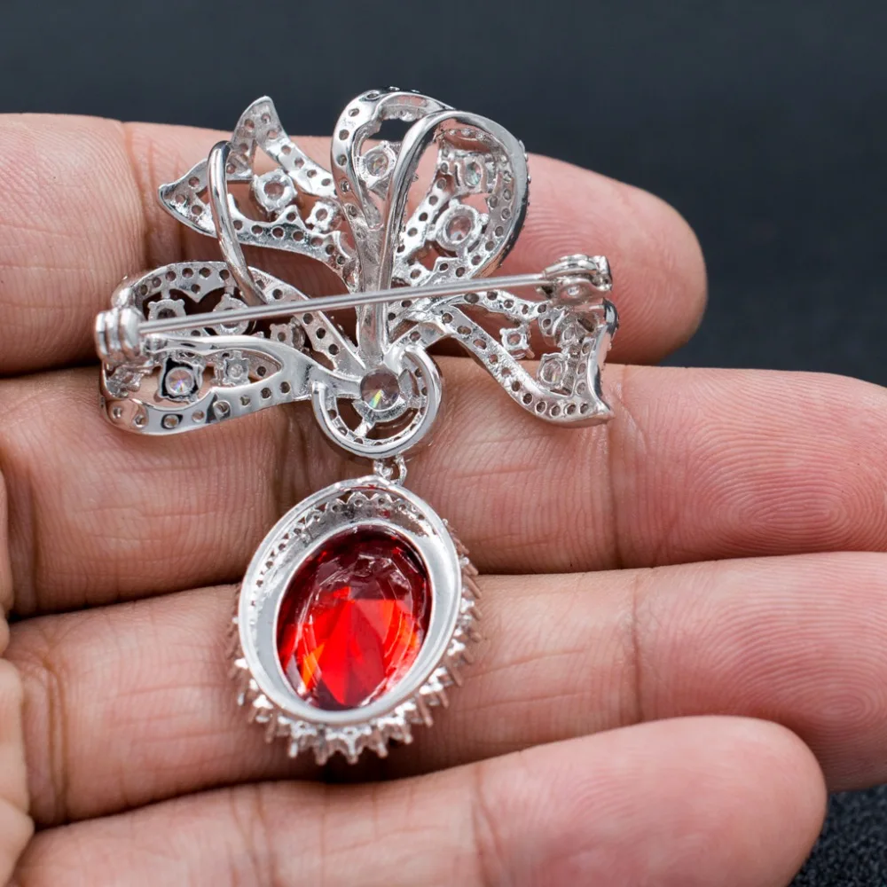 Высокое качество кубический цирконий красный бант болтающаяся брошь булавка для