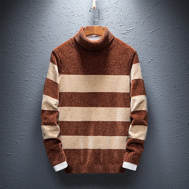 KOLMAKOV New 2022 Men's Clothing Sweaters Turtleneck Thick Sweater Knitting Pullovers Homme High Quality Striped Men 3XL | Мужская