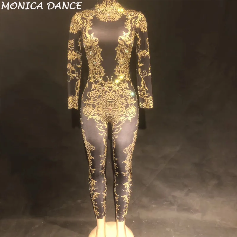 Women Sexy Gold Rhinestones Jumpsuit Performance Outfit Female Singer Leggings Nude Black Big Crystals Costume Dance Bodysuit