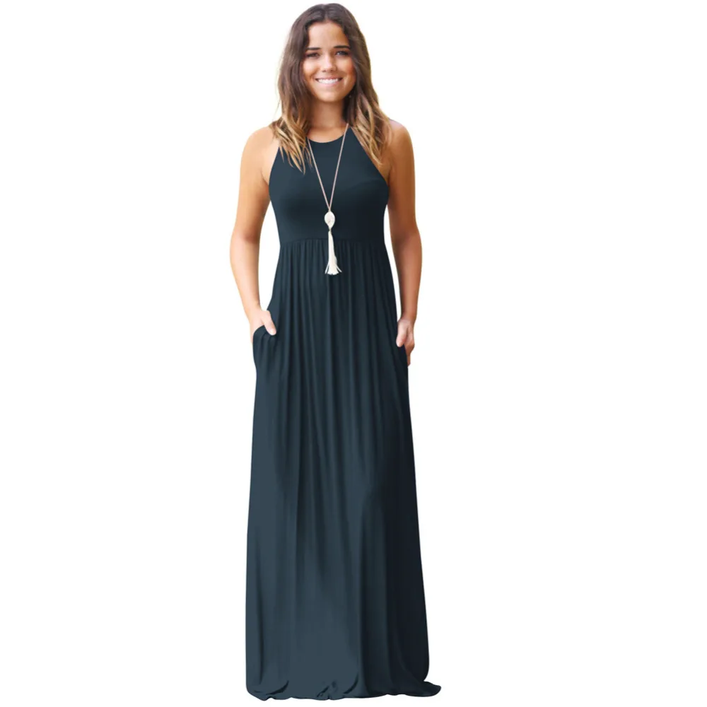 Женское длинное летнее платье однотонное макси с круглым вырезом без рукавов