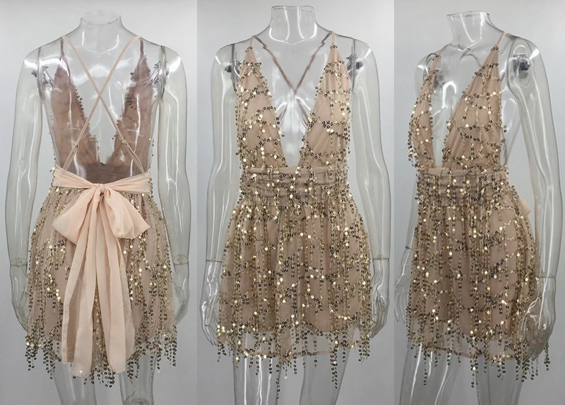 Женское мини-платье с открытой спиной V-образным вырезом бальное платье бахромой