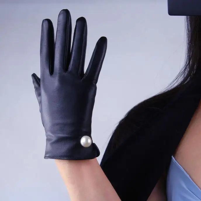 Women'a модные перчатки для вождения из натуральной овечьей кожи Женские винтажные Элегантные перчатки для вождения из натуральной кожи с жемчужинами R613