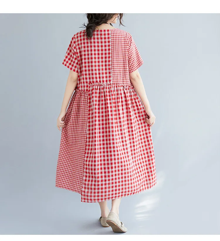 Женское клетчатое платье с коротким рукавом 2019 летнее хлопковое льняное