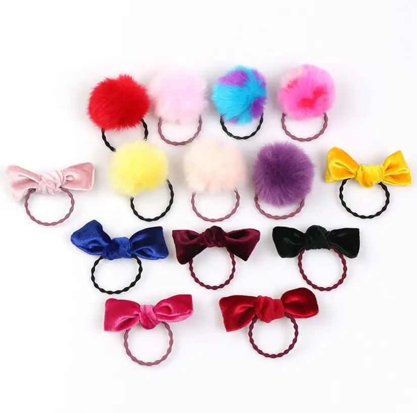 

7pcs/set Velvet Hair Bows kids pompom ball elastic hair band Girls Hair Gum Ties Rope Ponytail Holder Kids Hair Accessories Q40