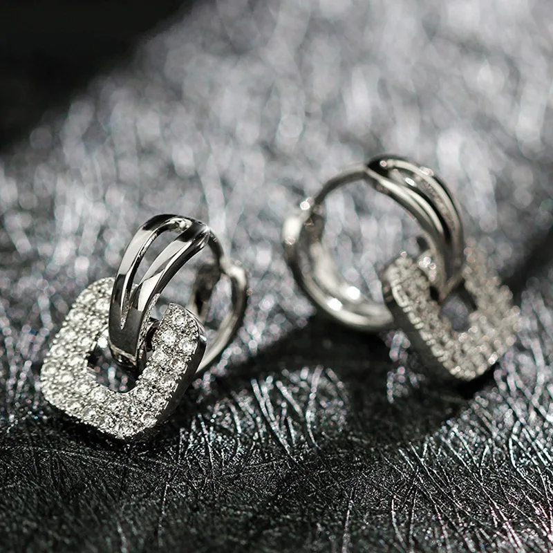 Женские квадратные серьги-клипсы с прозрачным кристаллом розового и белого