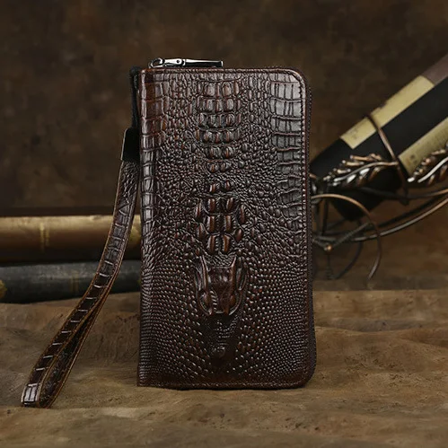 Мужской длинный клатч из натуральной воловьей кожи с узором крокодиловая кожа