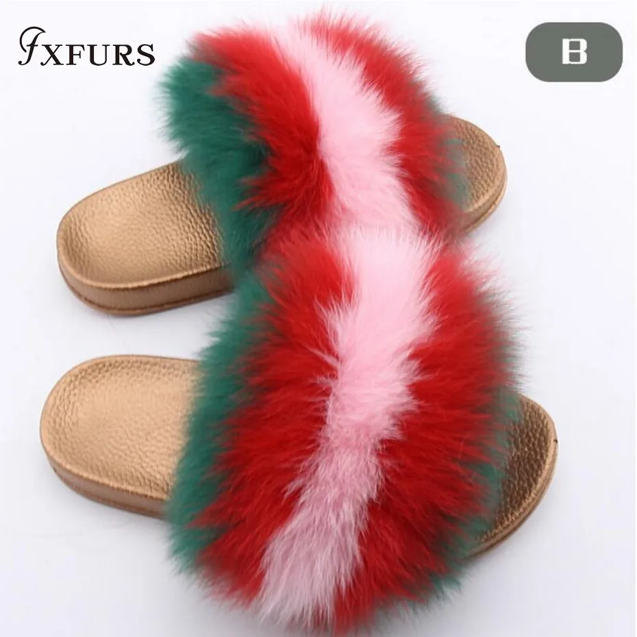 

2020FXFURS New Hot Sale Women Fashion Fur Slippers 100% Real Fox Fur Slides Multicolor Female Summer Fur Sandals Shoes Gold Sole