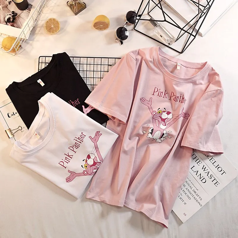 Женские футболки из хлопка с коротким рукавом розовые принтом Пантеры женские