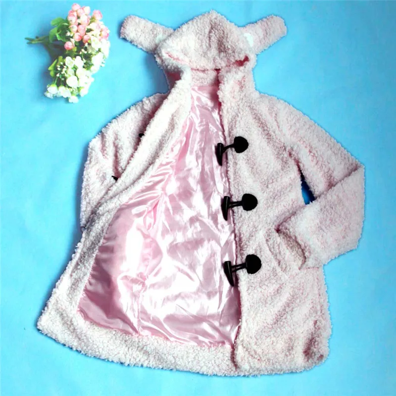 Зимнее женское мягкое милое пальто на пуговицах с капюшоном и заячьими ушками