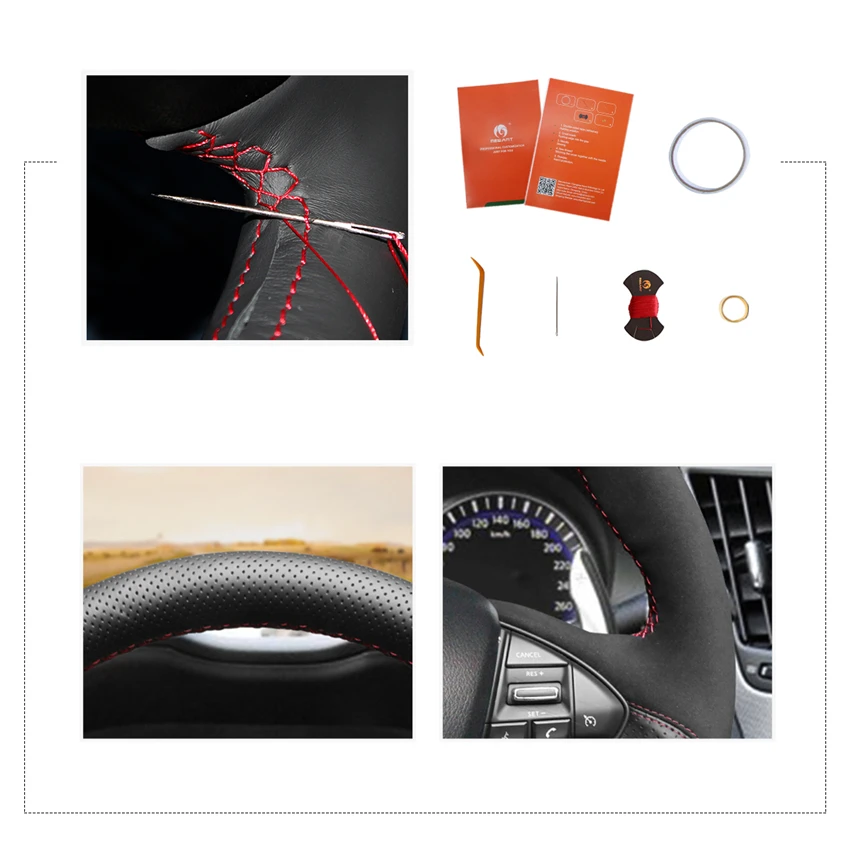 MEWANT Black Genuine Leather Hand Sew Car Steering Wheel Cover for Infiniti Q50 QX50