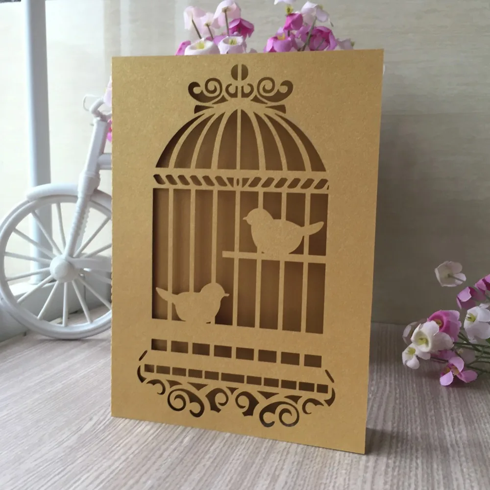 

20 X Laser Cut Pearl paper Gold Purple color Bird cage Wedding Invitations card Party Engagement birthday invitation cards