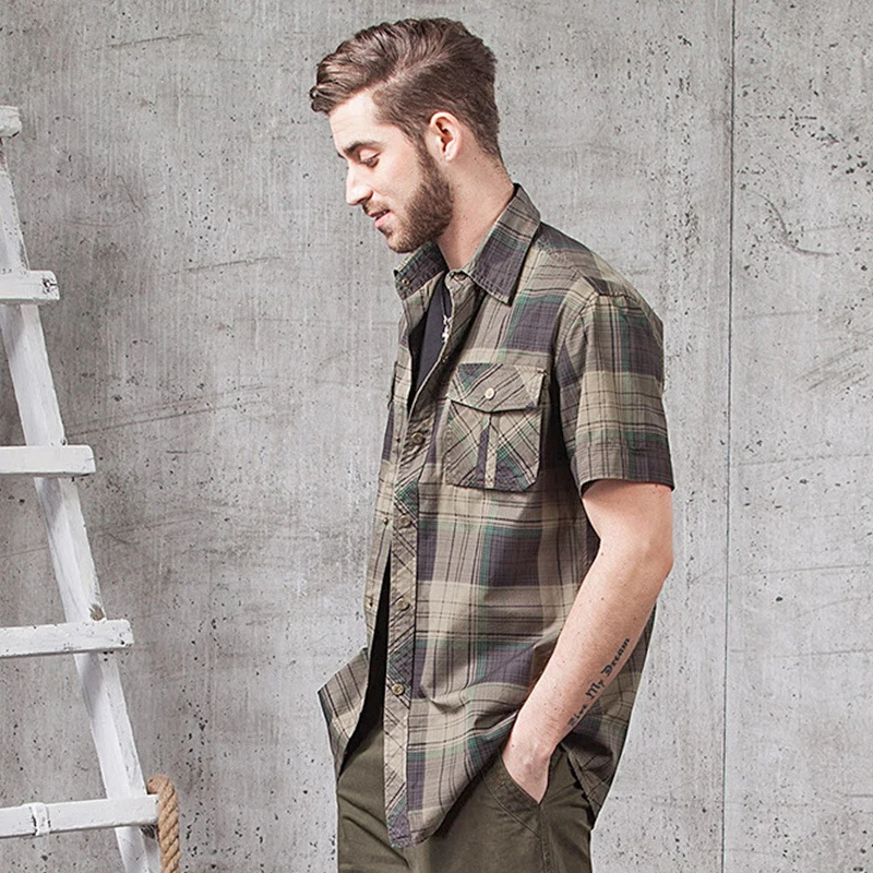 Рубашка мужская в клетку хлопок короткий рукав Повседневная армейская форма