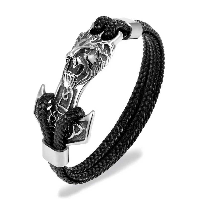 Silver Lion Модный кожаный браслет с якорем для мужчин черная косичка многослойная веревочная цепь из нержавеющей стали аксессуары для животных мужские ювелирные изделия подарки - Окраска металла: Silver Lion