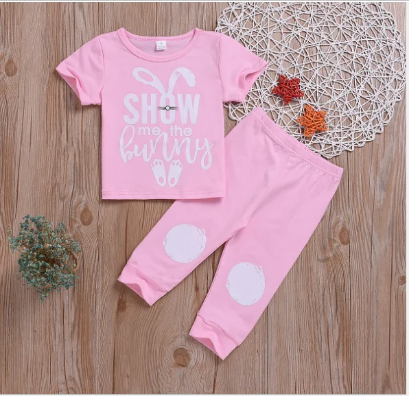Kids Baby Girl Boy Cartoon Letter Rabbit Print T Shirt Pant Outfits Toddler Summer Clothes 2pcs set |