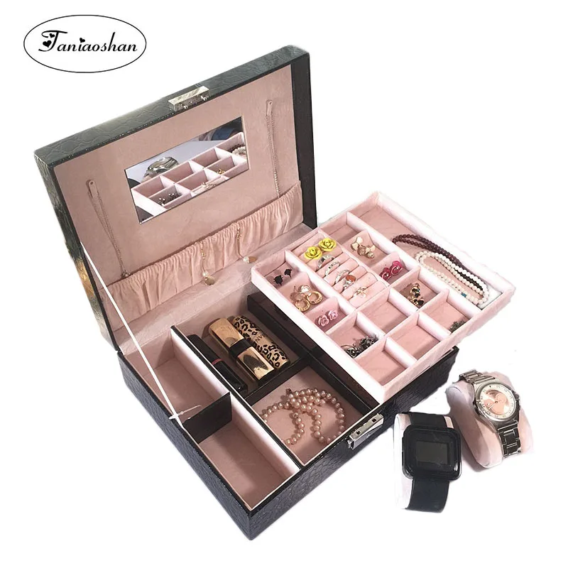 Шкатулка для ювелирных изделий из искусственной кожи с зеркалом двухслойная