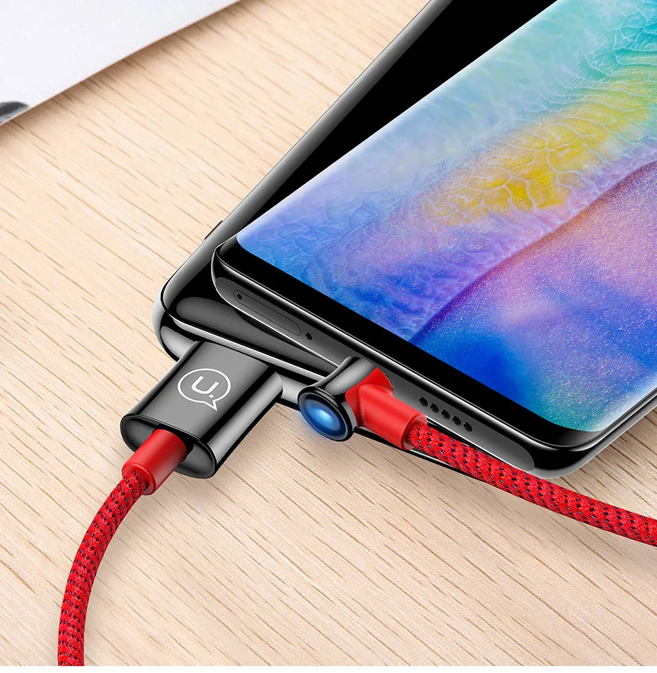 USAMS Automatic power-off Type C Cable 90 Degree Fast Charging usb c cable Type-c data Cord Charger usb-c for Samsung Xiaomi AF