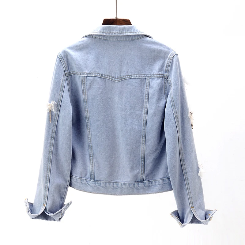 

2020 spring autumn new fashion denim jacket women butterfly embroidered flower long sleeve slim jeans coat