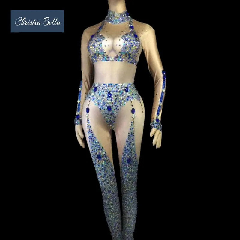 

Christia Bella Sexy Rhinestone Women Bodysuit Nude Stretch Skinny Jumpsuits Nightclub Party Stage Costumes Singer Dance Wear