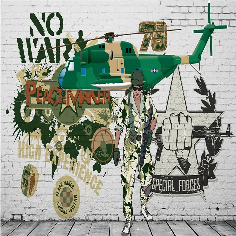 Фото обои военный вертолет камуфляж кирпичная стена Фреска интернет кафе бар