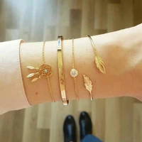 2019 new trendy gold rabbit leaf cystal bangle 4pcs for women open elegant simple bracelets set new gift wholesale women jewelry