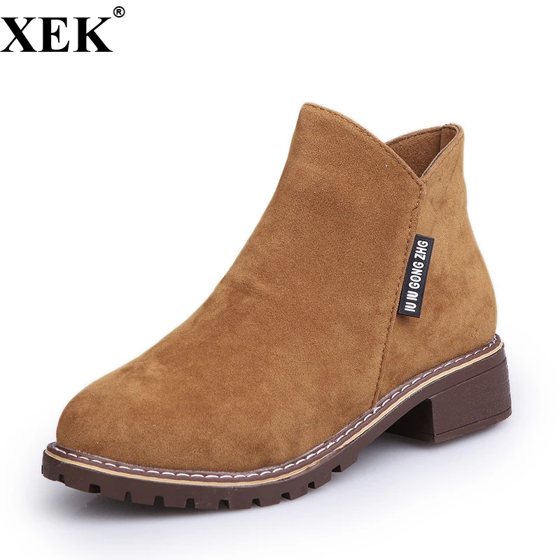 

XEK Spring Autumn Scrub Women shoes Boots Female Students Low Heel Women's Booties Short Boots Flock Women Shoes Black JH269