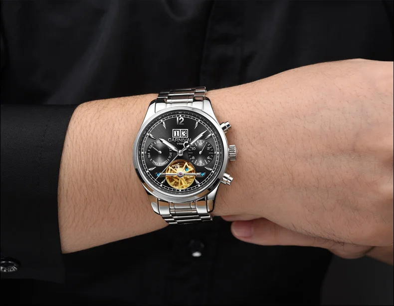 

Carnival tourbillon automatic mechanical popular brand men's watches military waterproof luminous multifunction full steel watch