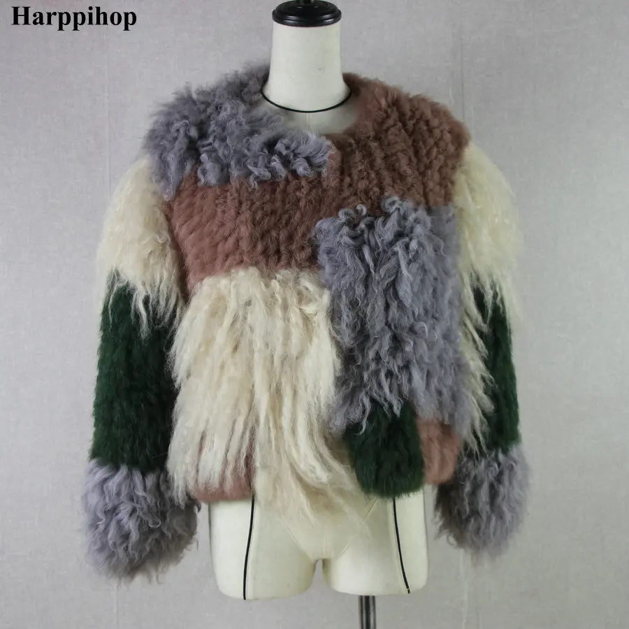 HARPPIHOP * Design кроличья меховая монгольская овчина комбинированная вязаная зимняя