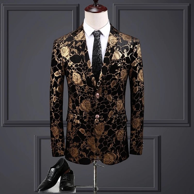 Plyesxale черно-золотой пиджак для мужчин 2019 Новинка весны Slim Fit с цветочным рисунком