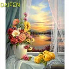 Полностью круглая алмазная живопись, полная вышивка, алмазная вышивка крестиком, занавеска на окно, Цветочная ваза, закат, сделай сам, Алмазная мозаика